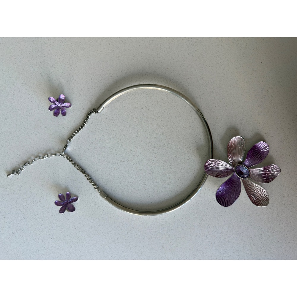 Purple Flower Silver Tone Choker Necklace and Clip On Earring Set Floral Jewelry